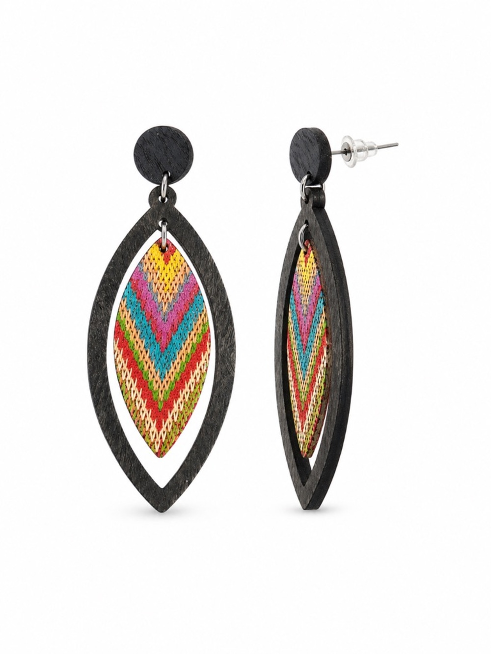 Boho Wood Drop Earrings Black Frame Chevron Inlay